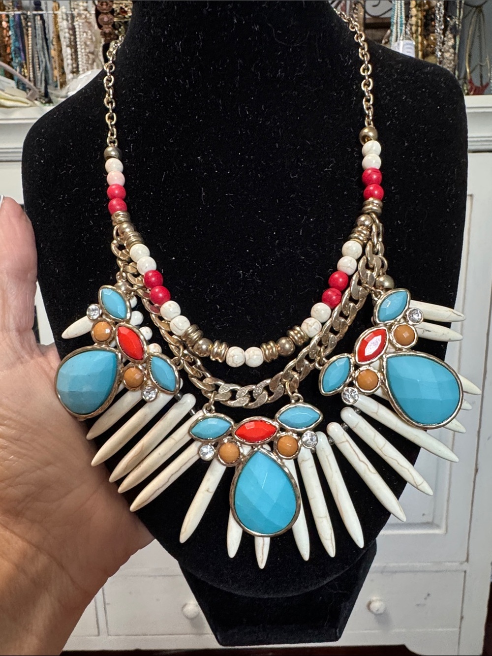 Anthropologie Turquoise, Coral & Cream Statement Bib Tribal Necklace